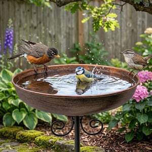 May include: A bronze-colored bird bath with three birds. One bird is bathing in the water, creating splashes. Two other birds are perched on the edge of the bath. The bird bath is supported by a black, decorative stand, and is surrounded by greenery and flowers.