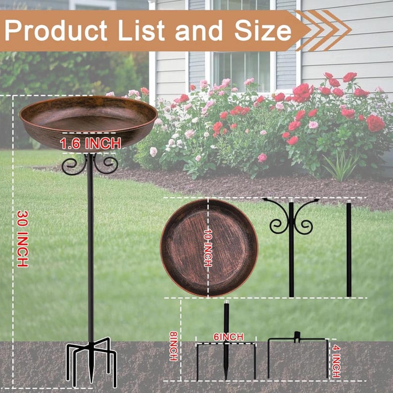 30" Metal Birdbath with Stand, Bird Feeder, Metal Backyard Birdbath, Vintage Garden Feeder, 10" Dia Bowl with Stake Birdbaths Garden Yard bild 8