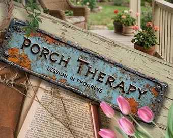 Metal Porch Therapy Sign, Vintage Tin Wall Art Decor, Porch Relaxation Plaque, Home Clinic Waiting Room Decor, Funny Porch Sign Gift