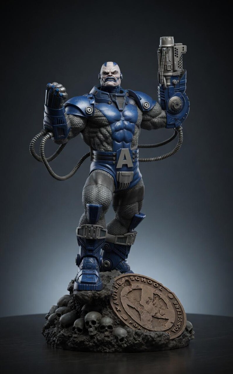May include: A detailed statue of the Marvel Comics character Apocalypse. The figure is predominantly blue and gray, with intricate armor and a menacing expression. He stands on a base of skulls, holding a weapon. The base includes a bronze-colored emblem.