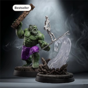 May include: A green Hulk figurine holding a brown pillar, and a silver Silver Surfer figurine surfing a clear wave. Both figurines are on black bases. The Hulk wears purple shorts. The word "Bestseller" is in a white box.