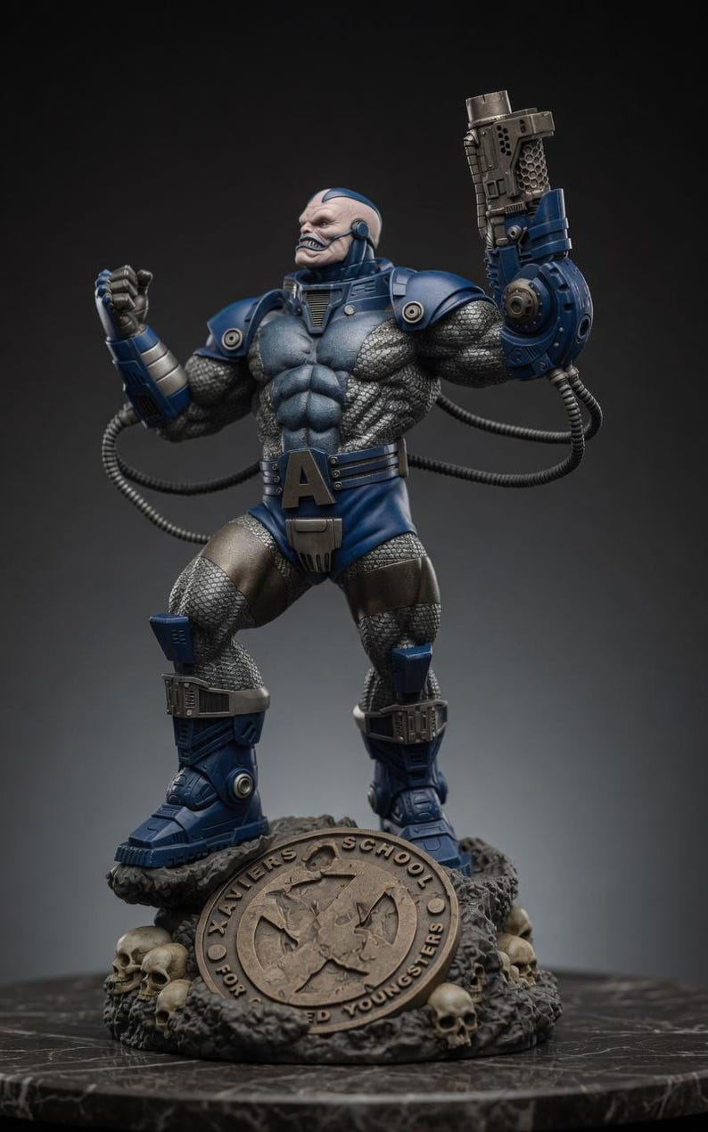 May include: A detailed statue of Apocalypse, a Marvel Comics supervillain, in a dynamic pose. The figure is predominantly blue and silver, with intricate armor and a weapon. The base features a bronze-colored emblem and skulls, adding to the character's imposing presence.