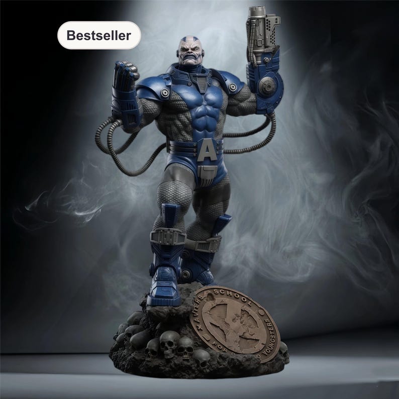 May include: A detailed action figure of Apocalypse, a character from the X-Men comics. The figure is predominantly blue and gray, with intricate detailing. It stands on a base with skulls and a bronze-colored emblem. The figure is holding a weapon.