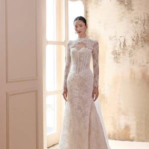 high neck illusion chiffon wedding dress June Bridals A-Line Long High-Neck Illusion-Sleeve Zipper Chiffon Dress With Lace Appliques And Pleatings