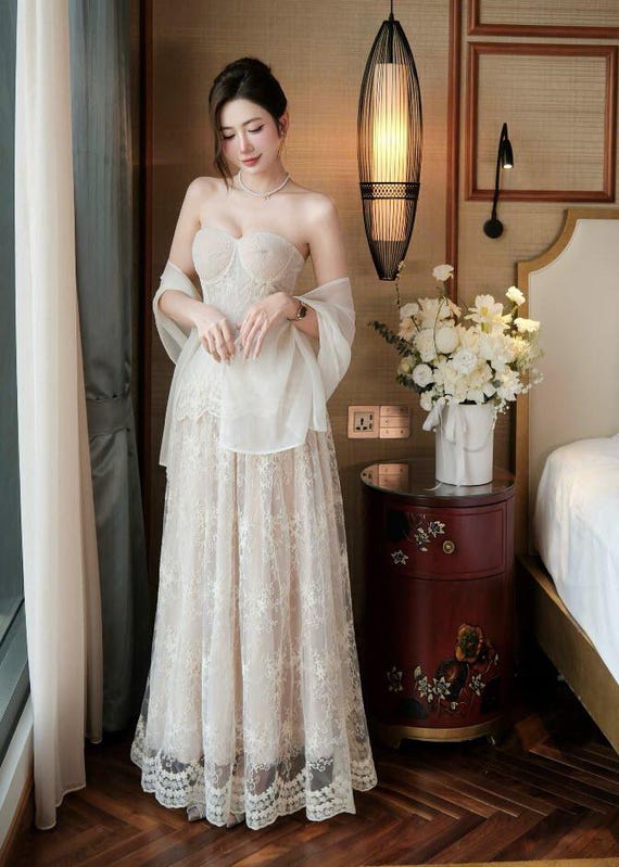 ivory lace corset maxi dress Daniella Lace Corset Pleated Maxi Dress - Cream