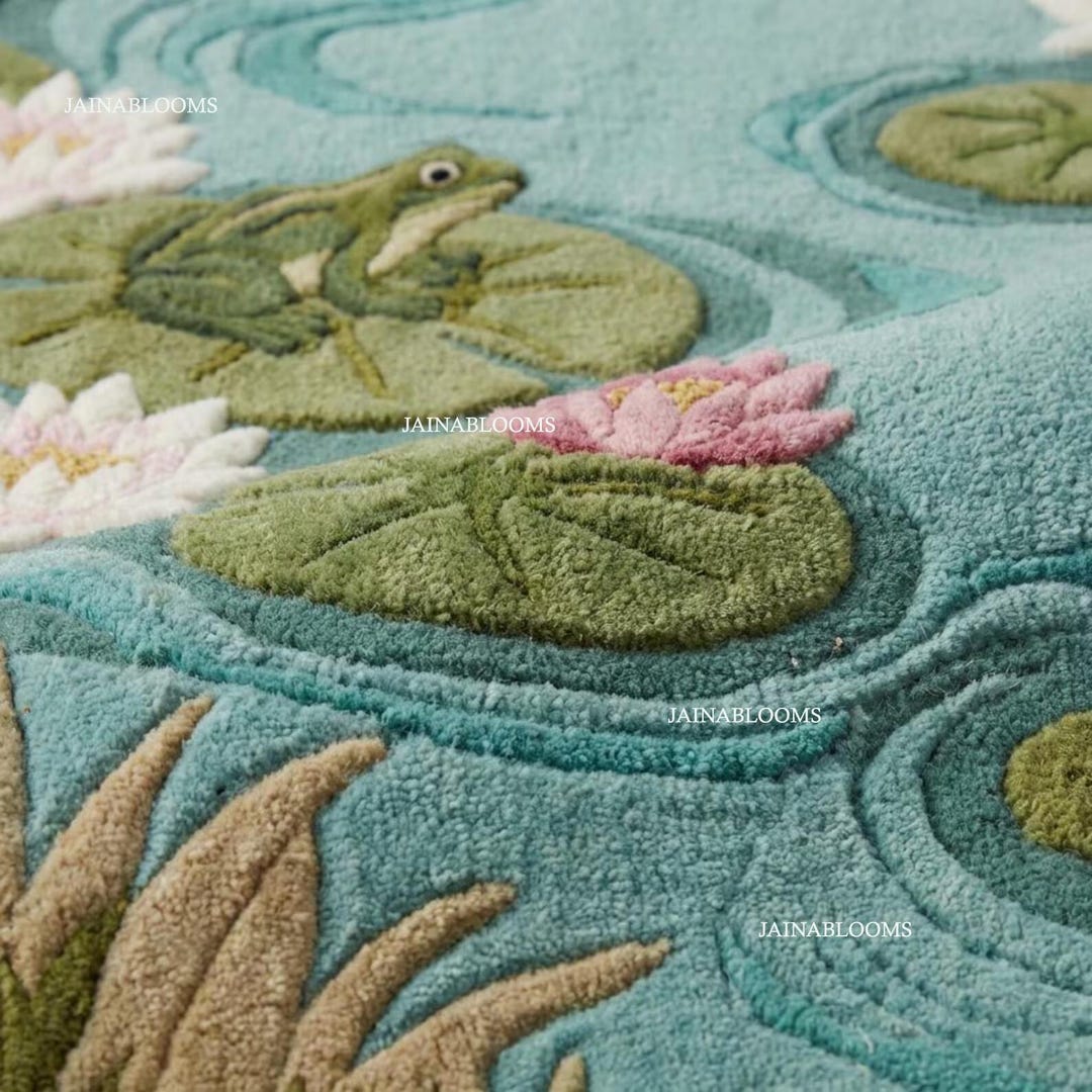 Water Lily Pond Hand Tufted Rug, Frog Area Rug, Nature Inspired ...