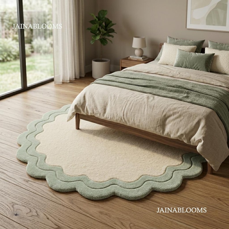 May include: A large, round area rug featuring a cream-colored center and a wide, scalloped sage green border. The rug has a textured, plush surface and is positioned on a light brown wooden floor, partially extending underneath a wooden bed frame.