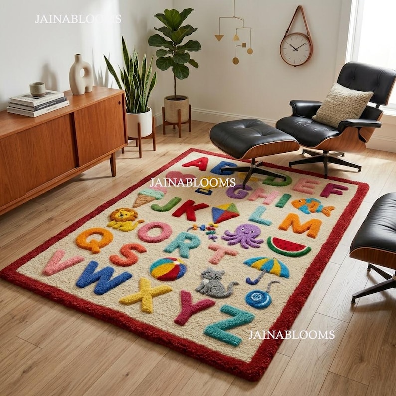 Hand Tufted Alphabet Nursery Rug, Educational Kids Playroom Carpet ...