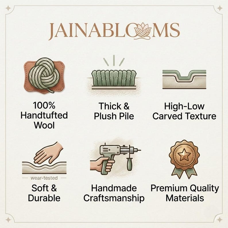 May include: An infographic for JAINABLOOMS featuring six icons: a ball of yarn, a thick pile texture, a carved texture, a hand on a surface, a tufting gun, and a gold seal. Text includes 100% Handtufted Wool, Thick & Plush Pile, High-Low Carved Texture, Soft & Durable, Handmade Craftsmanship, and Premium Quality Materials.