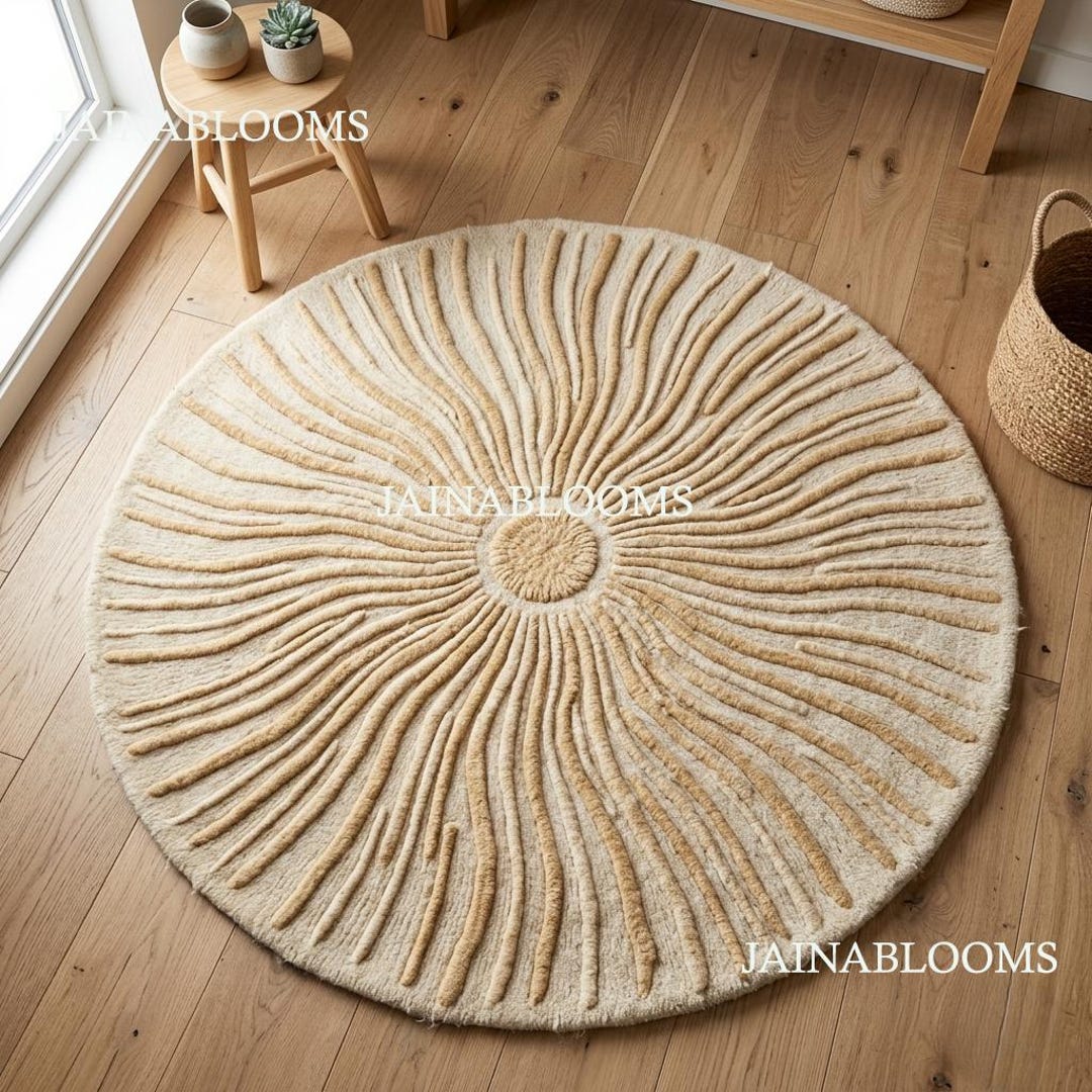 Round Beige Sunburst Hand Tufted Rug, Modern Minimalist Wool Area Rug ...