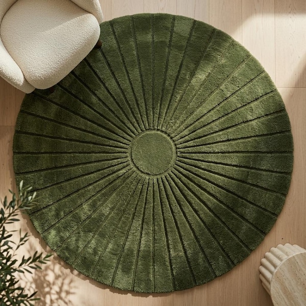 4ft /6ft/ 8ft Round Moss Green Wool Rug - textured sunburst circle rug for minimalist decor | Housewarming Gift for Couples