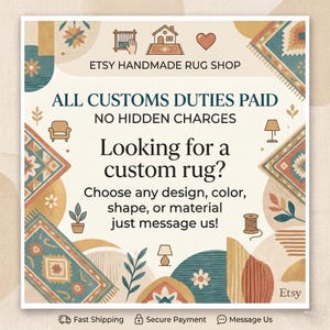 May include: A square graphic advertisement for an Etsy handmade rug shop featuring illustrations of various rugs, a house, a heart, a lamp, and a plant. The text reads: Etsy Handmade Rug Shop, All Customs Duties Paid, No Hidden Charges, Looking for a custom rug? Choose any design, color, shape, or material just message us!