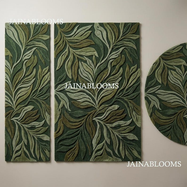 Green Botanical Hand Tufted Rug Large Sizes, Modern Leaf Area Rug for ...