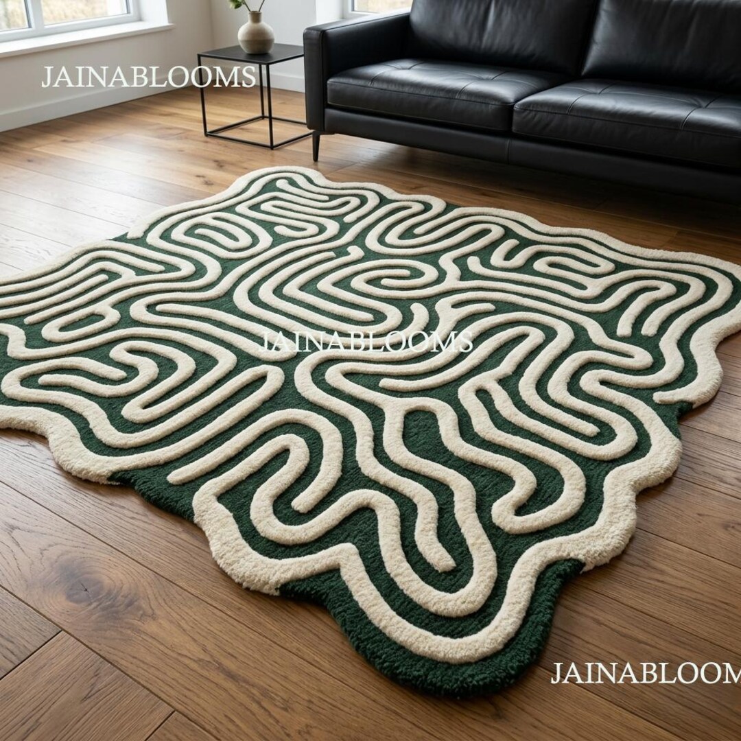 Abstract Green Cream Hand Tufted Rug, Modern Wavy Area Rug 8x10 - Etsy