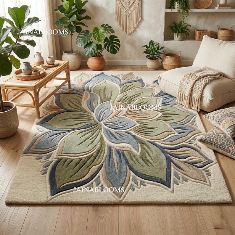 Botanical Floral Hand Tufted Rug, Sage Blue Modern Area Rug 9x12 - Etsy