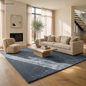 May include: A living room featuring a large dark blue area rug, a beige sofa with textured throw pillows, a matching beige armchair, and a rectangular wooden coffee table. A potted olive tree stands near a window with sheer curtains.
