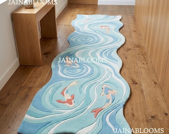 Blue Koi Fish Runner Rug 2.6x8 Hand Tufted Abstract Modern Hallway Rug