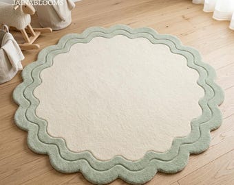 Sage Green Scalloped Rug, Hand Tufted Round Nursery Rug, Custom Area Carpet