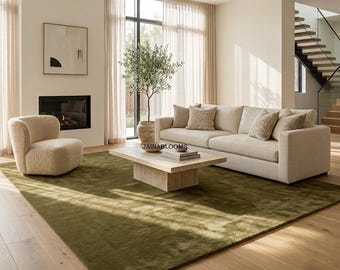 Olive Green Hand Tufted Wool Rug, Modern Minimalist Area Rug, Custom Size