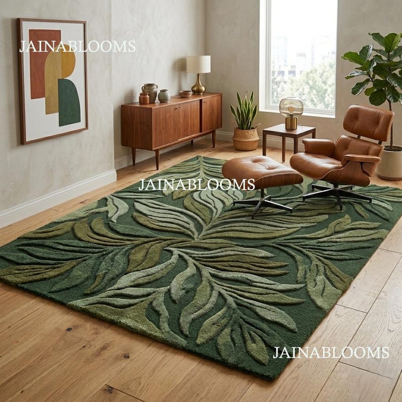 Green Botanical Hand Tufted Rug Large Sizes, Modern Leaf Area Rug for ...