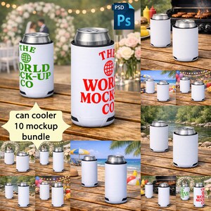 May include: A mockup bundle of white can coolers with black trim, some with text in red and green. The text reads "THE WORLD MOCK-UP CO" and "THE WOR MOCK CO". The image includes a "PSD Ps" logo.