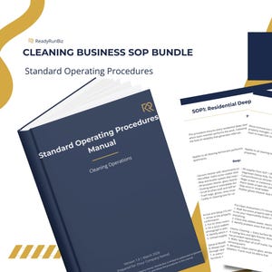 Puede incluir: Un manual azul marino titulado "Standard Operating Procedures Manual" con el texto "Cleaning Operations". La imagen también muestra un documento con el texto "30+ Páginas" y "SOP1: Residential Deep" y "SOP2: Move-In/Move-Out Cleaning."