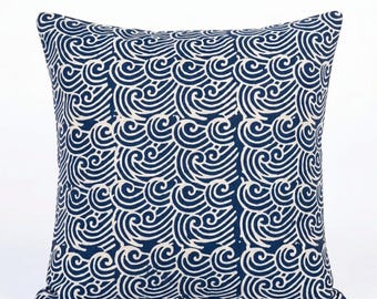 Hand Block Printed Cotton Cushion Cover, Indigo Abstract Pattern Throw Pillow