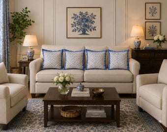 Blue Floral Cushion Covers Set of 4, Block Print Pillow Covers, Indian Cotton Throw Pillows, Farmhouse Living Room Decor