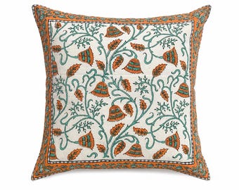 Handmade Orange Flower Pillow Cover, Indian Block Print Cushion, Bohemian Decorative Pillow, Rustic Farmhouse Throw Cushion