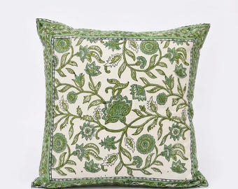 Indian Cotton Throw Pillow, Green Floral Block Print Cover, Hand Block Print Pillow Case, Farmhouse Decor by DesignoraArtStudio