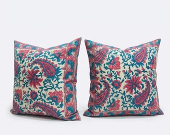 Indian Block Print Pillow Covers Set of 4, Pink Blue Floral Cushion Covers for Sofa & Bedroom