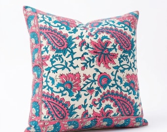 Hand Block Print Cotton Cushion Cover: Pink Blue Floral Paisley Pillow, Home Decor