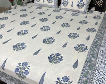 Jaipur Hand Block Print Cotton Bedsheet Set, Blue Floral Indian Bedding, Housewarming Gift