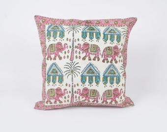 Pink Elephant Block Print Cushion Cover, Handmade Indian Pillow Cover, Boho Throw Pillow Case, Cotton Sofa Cushion Decor