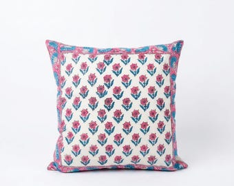 Floral Block Print Cushion Cover, Indian Pillow Cover, Blue Pink Boho Decor, Cotton Cushion Case, Custom Cover