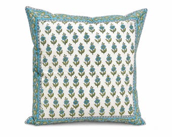 Hand Block Printed Cushion Cover Set of 2, Blue Floral Pillow Covers, Indian Cotton Cushion Case, Bohemian Sofa Decor