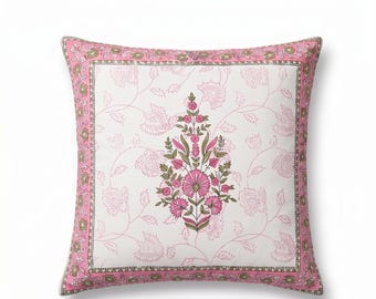 Indian Block Print Cushion Covers, Pink Floral Pillow Case, Handmade Cotton Sofa Cushions, Bohemian Home Decor