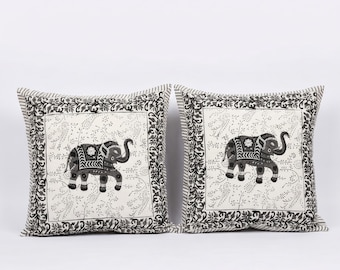 Gray elephant cushion covers set of 4, indian block print pillow covers, boho farmhouse decor, decorative throw pillows