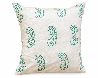 Hand Block Print Cotton Cushion Cover, Green Paisley Boho Pillow Case (Set of 2)
