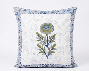 Set of 2 Handmade Blue Floral Cushion Covers, Indian Block Print Pillow Covers, Cotton Boho Home Decor