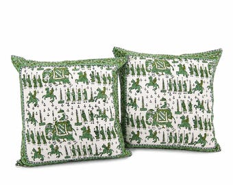 Block Printed Cushion Cover Set of 4, Green Elephant Cotton Pillow Covers, Indian Bohemian Home Decor