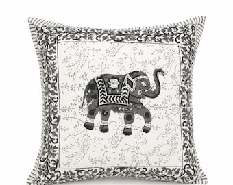 Set of 2 Hand Block Printed Elephant Cushion Covers, Boho Indian Cotton Pillow