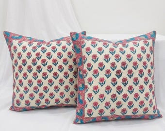 Set of 4 Pink Floral Block Print Cushion Covers, Handmade Indian Cotton Pillow Covers, Boho Throw Pillow Set, Farmhouse Sofa Decor
