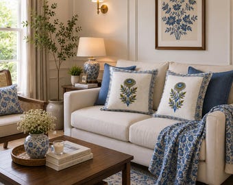 Indian cotton pillows handmade floral block print cushion covers set of 4, boho pillow covers, rustic farmhouse home decor
