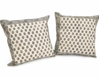 Gray block print cushion covers set of 4, neutral throw pillow covers, farmhouse decor, Indian cotton pillow cases custom covers