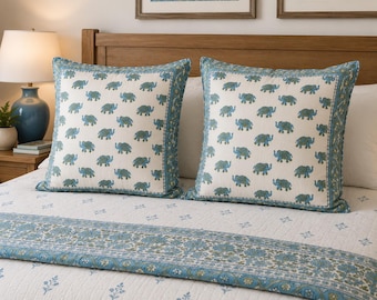 Cotton cushion cover set of 4 hand block print cotton cushion covers – boho elephant print pillow cases