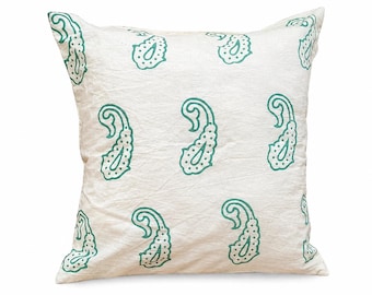 Set of 4 Hand block Printed Cotton Cushion Covers, Green Paisley Decor (Envelope Closure)