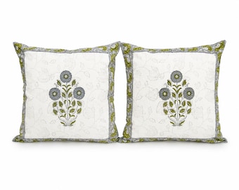Sage Green Cushion Covers Set of 4, Floral Block Print Pillow Covers, Decorative Throw Pillows, Living Room Decor