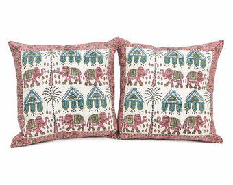 Indian Elephant Cushion Covers Set of 4, Pink Block Print Throw Pillows, Eclectic Home Decor, Handmade Pillow Covers