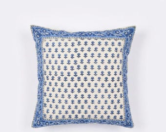 Floral Block Print Cushion Cover, Handmade Indian Pillow Cover, Boho Throw Pillow, Farmhouse Cushion, Blue White Sofa Decor